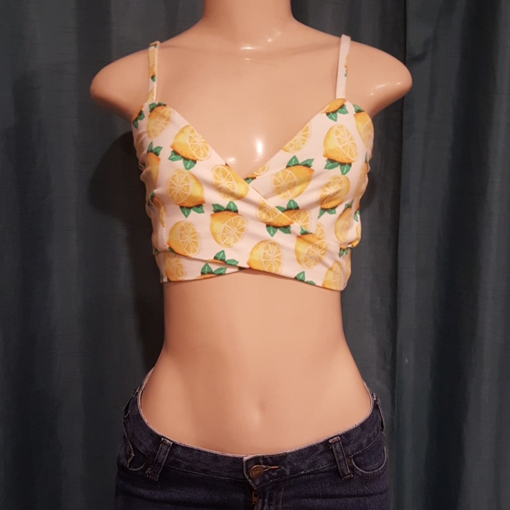 Kimchi Blue Wrap Cami Crop Top Lemon Print - Picture 4 of 6